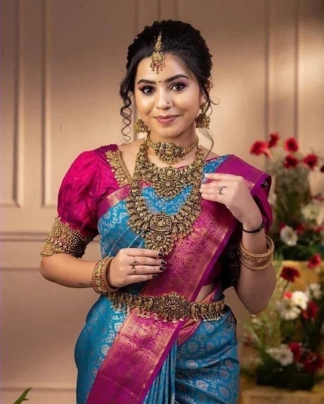 Kanjivaram-style Blue Art Silk Saree with Rani Border – Blue with Rani Border