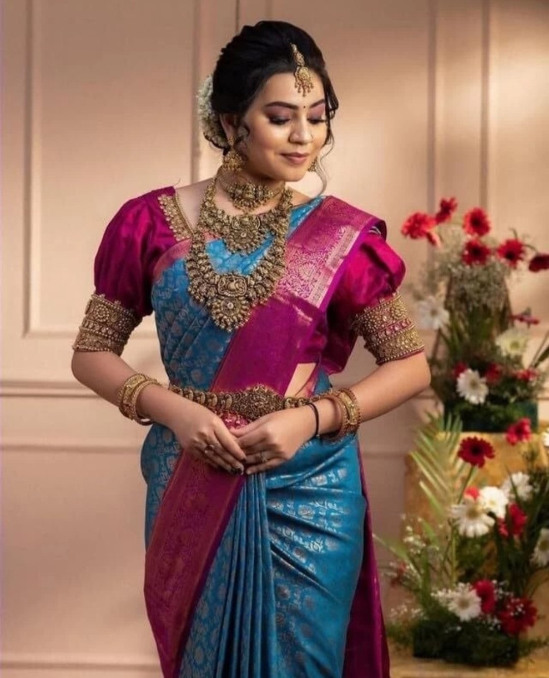 Kanjivaram-style Blue Art Silk Saree with Rani Border – Blue with Rani Border