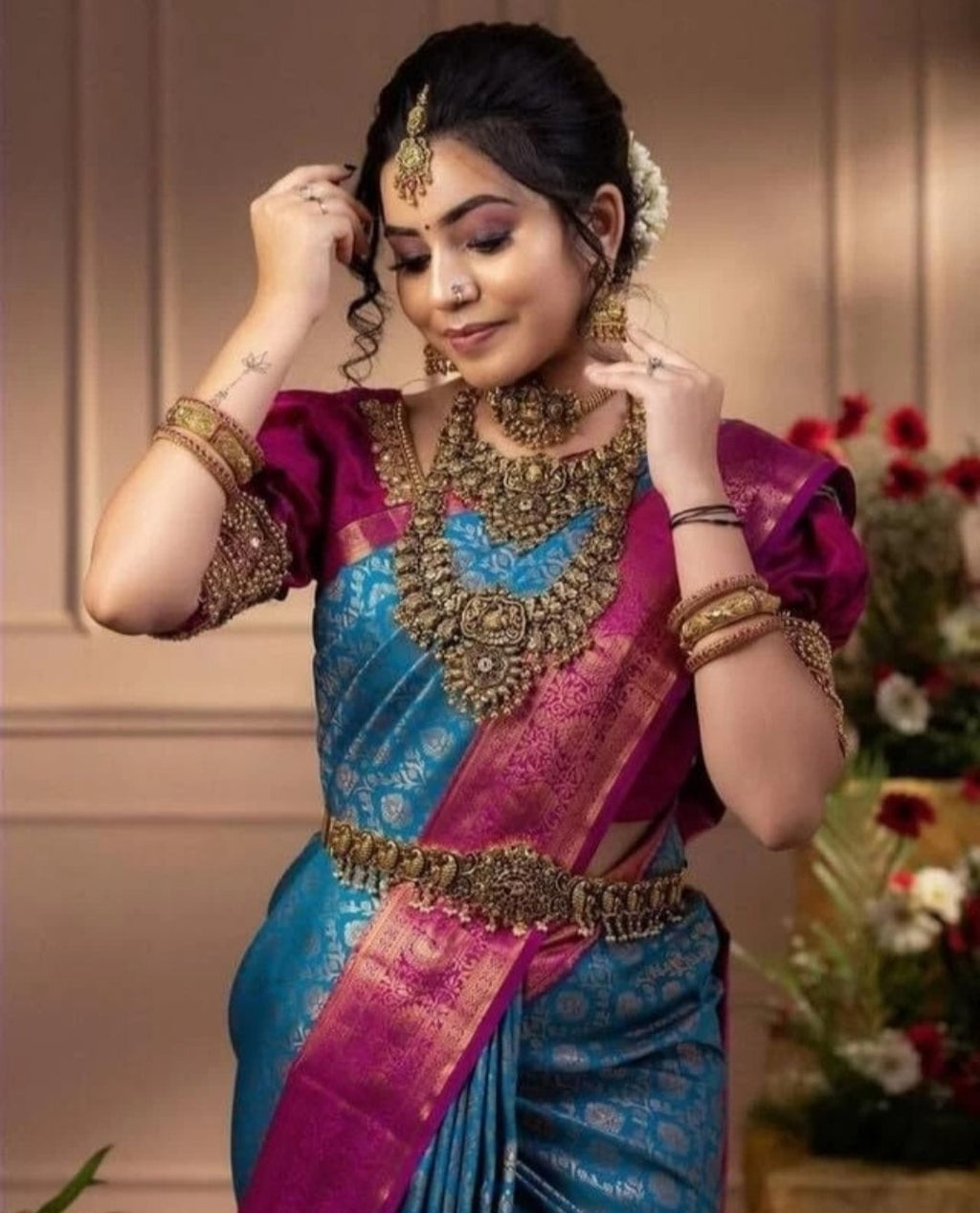 Kanjivaram-style Blue Art Silk Saree with Rani Border – Blue with Rani Border
