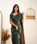 Copper Zari Striped Lichi Art Silk Saree – Bottle Green