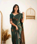 Copper Zari Striped Lichi Art Silk Saree – Bottle Green