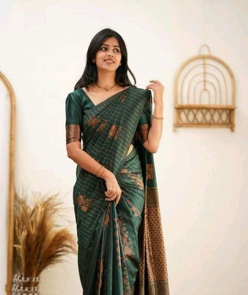 Copper Zari Striped Lichi Art Silk Saree – Bottle Green