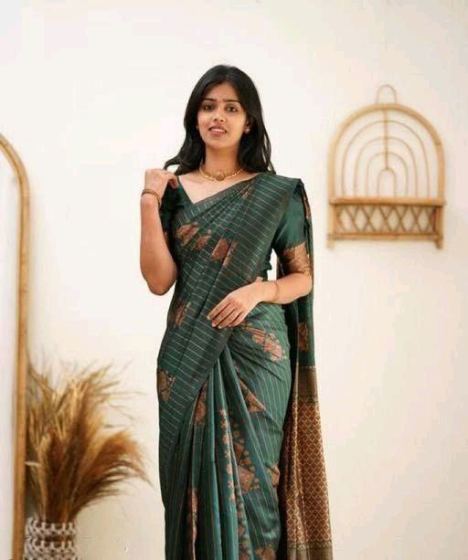 Copper Zari Striped Lichi Art Silk Saree – Bottle Green