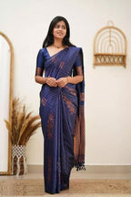 Copper Zari Striped Lichi Art Silk Saree – Navy Blue