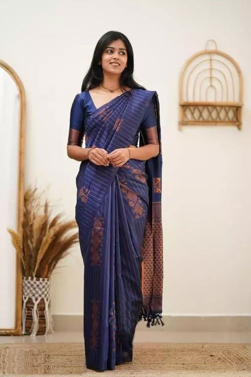 Copper Zari Striped Lichi Art Silk Saree – Navy Blue