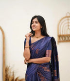 Copper Zari Striped Lichi Art Silk Saree – Navy Blue