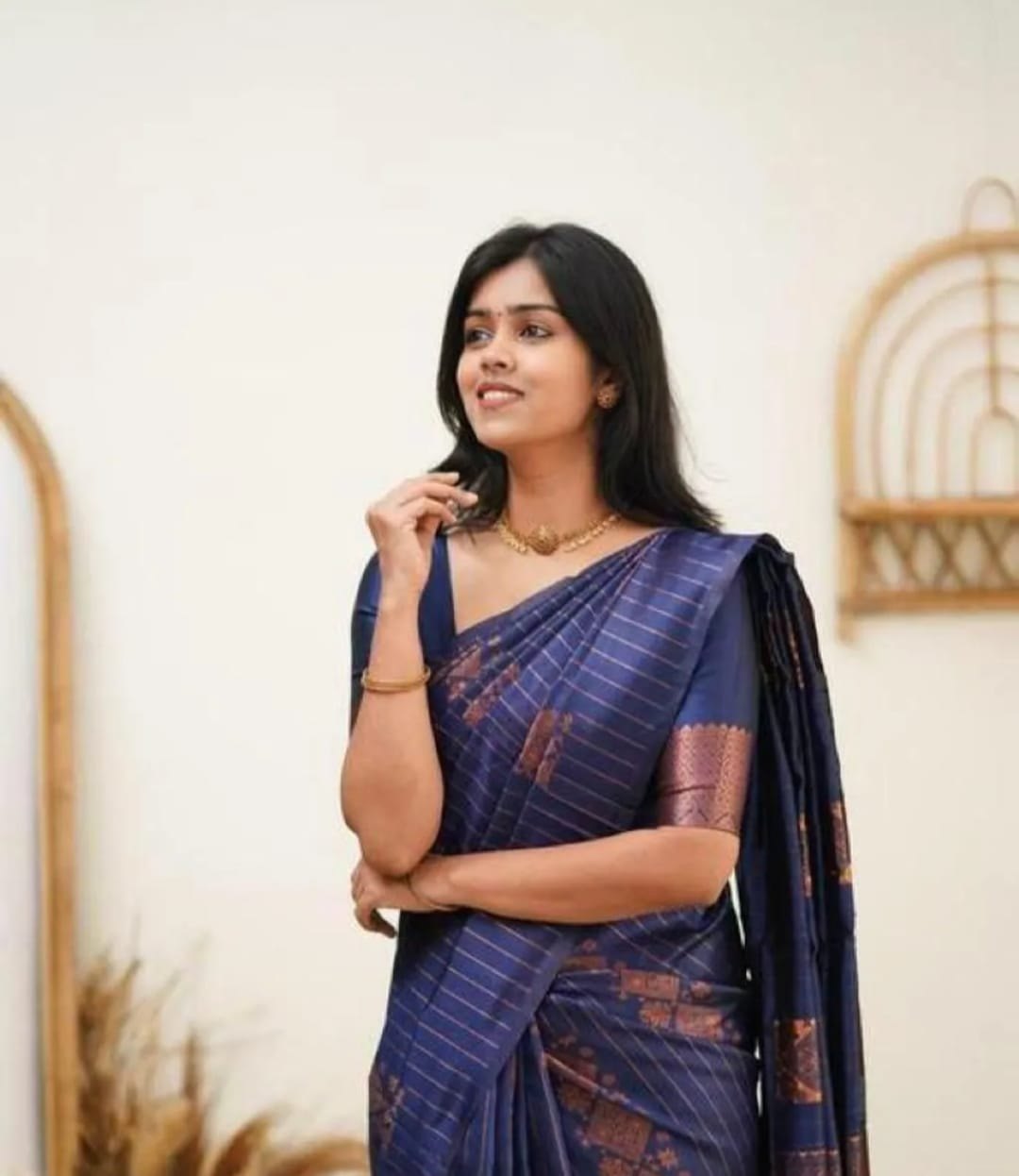 Copper Zari Striped Lichi Art Silk Saree – Navy Blue