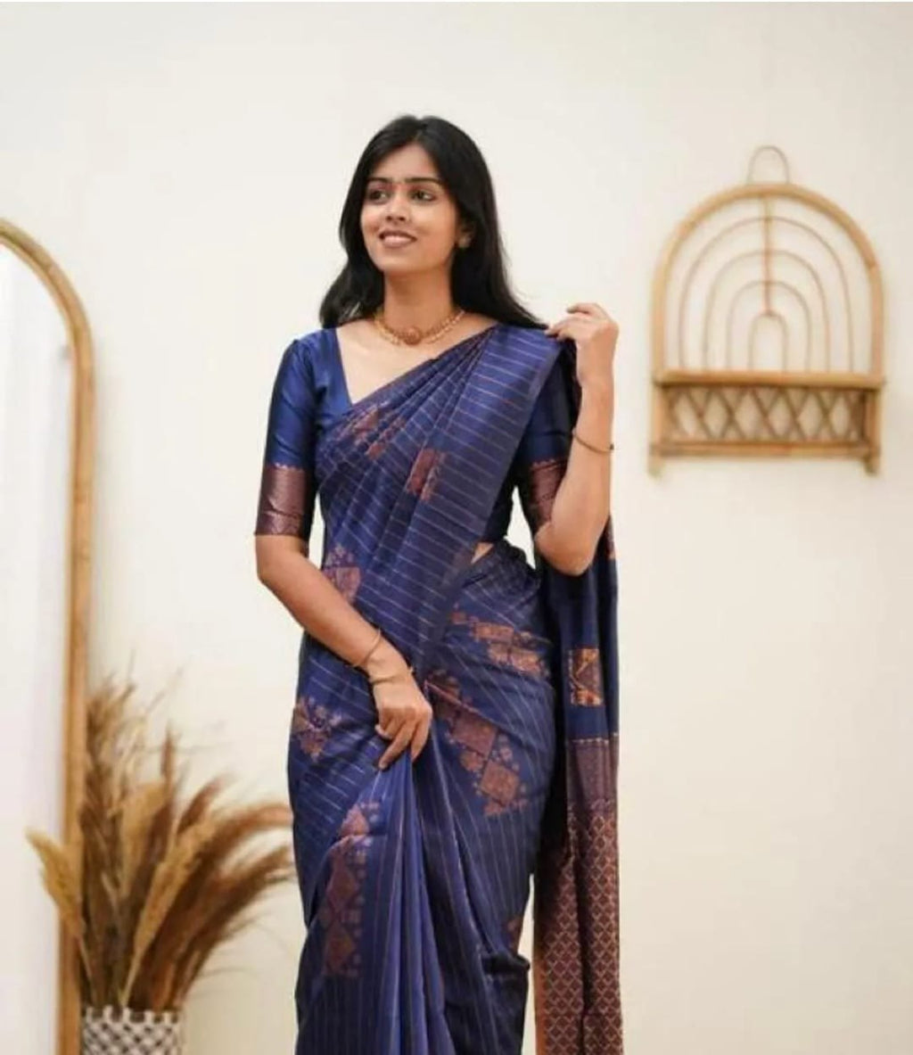 Copper Zari Striped Lichi Art Silk Saree – Navy Blue