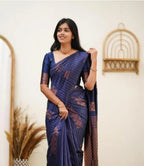 Copper Zari Striped Lichi Art Silk Saree – Navy Blue