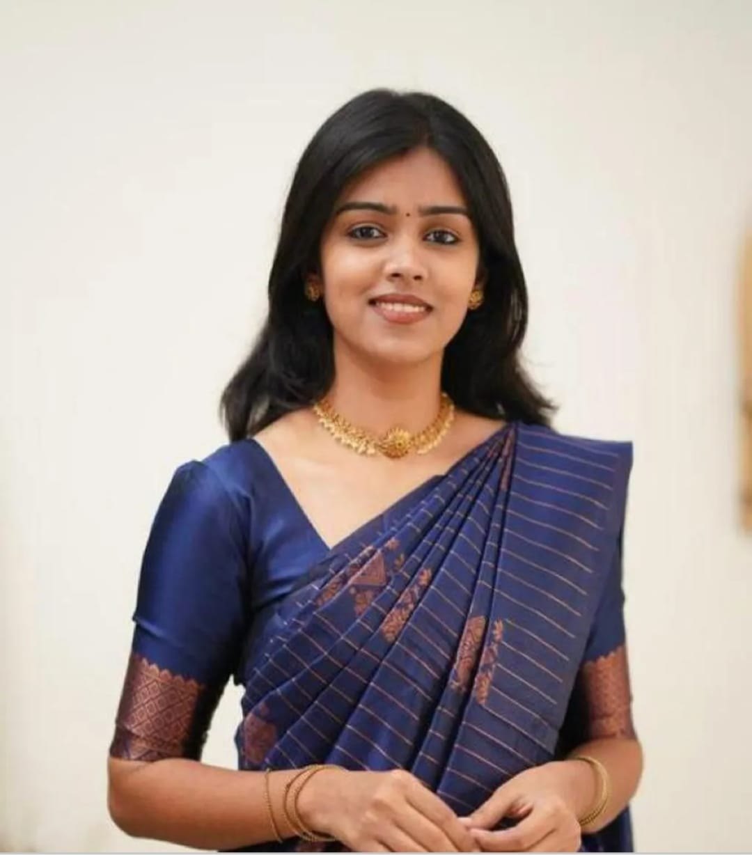 Copper Zari Striped Lichi Art Silk Saree – Navy Blue