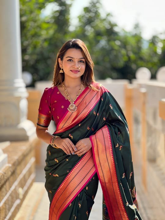 Premium Paithani-style Art Silk Saree with Peacock Pallu – Bottle Green
