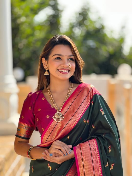 Premium Paithani-style Art Silk Saree with Peacock Pallu – Bottle Green