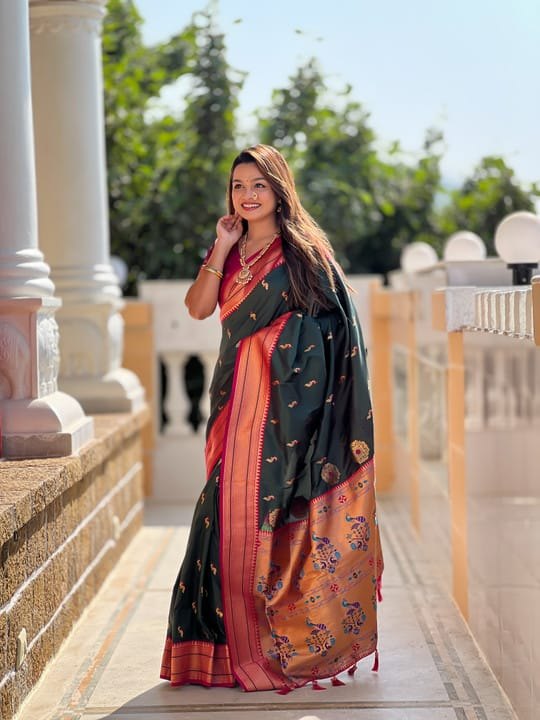 Premium Paithani-style Art Silk Saree with Peacock Pallu – Bottle Green