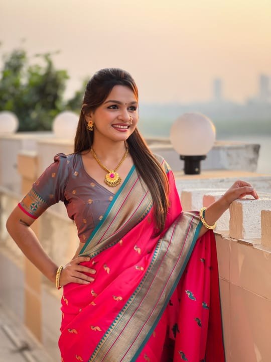 Premium Paithani-style Art Silk Saree with Peacock Pallu – Dark Rani