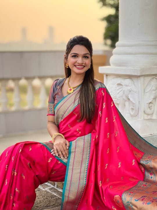 Premium Paithani-style Art Silk Saree with Peacock Pallu – Dark Rani