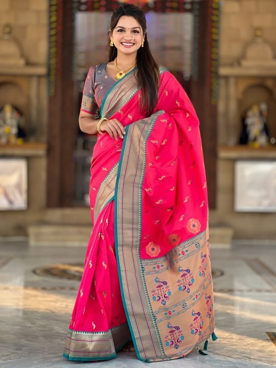 Premium Paithani-style Art Silk Saree with Peacock Pallu – Dark Rani