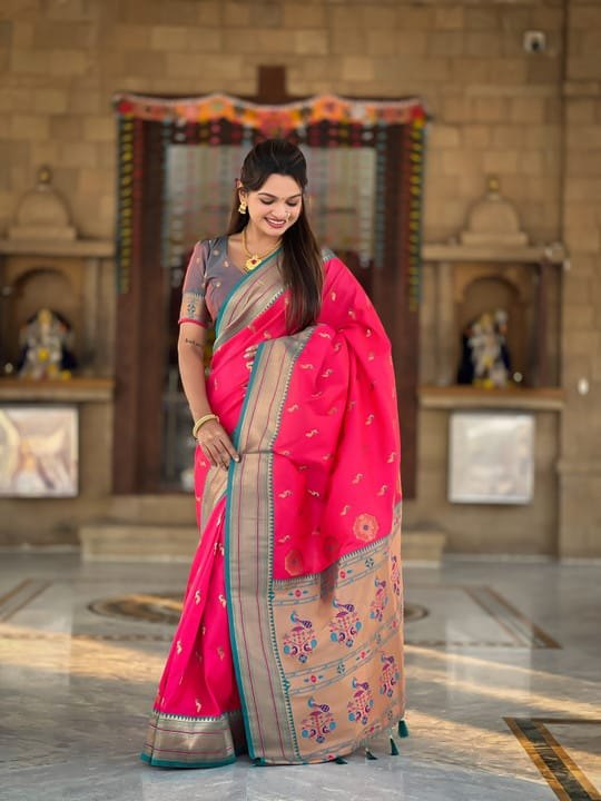 Premium Paithani-style Art Silk Saree with Peacock Pallu – Dark Rani