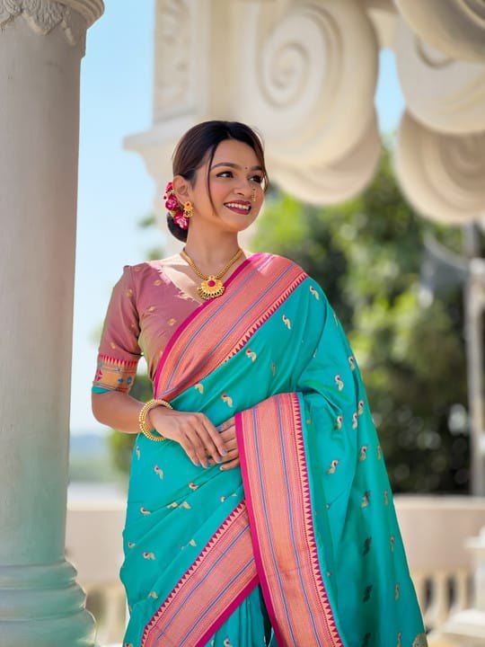 Premium Paithani-style Art Silk Saree with Peacock Pallu – Ferozi