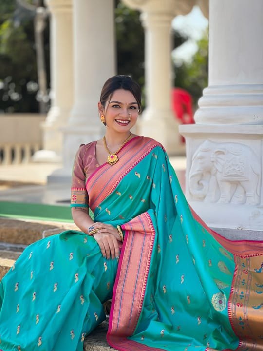 Premium Paithani-style Art Silk Saree with Peacock Pallu – Ferozi