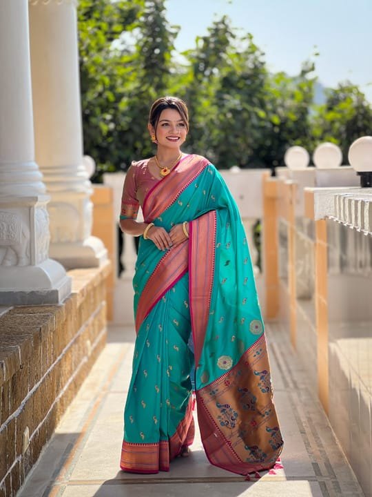 Premium Paithani-style Art Silk Saree with Peacock Pallu – Ferozi