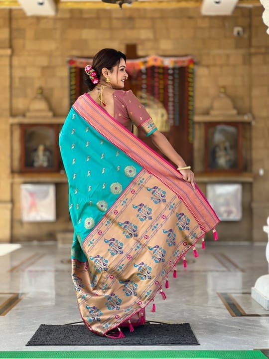 Premium Paithani-style Art Silk Saree with Peacock Pallu – Ferozi