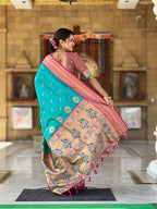 Premium Paithani-style Art Silk Saree with Peacock Pallu – Ferozi