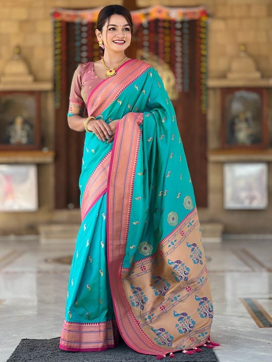 Premium Paithani-style Art Silk Saree with Peacock Pallu – Ferozi