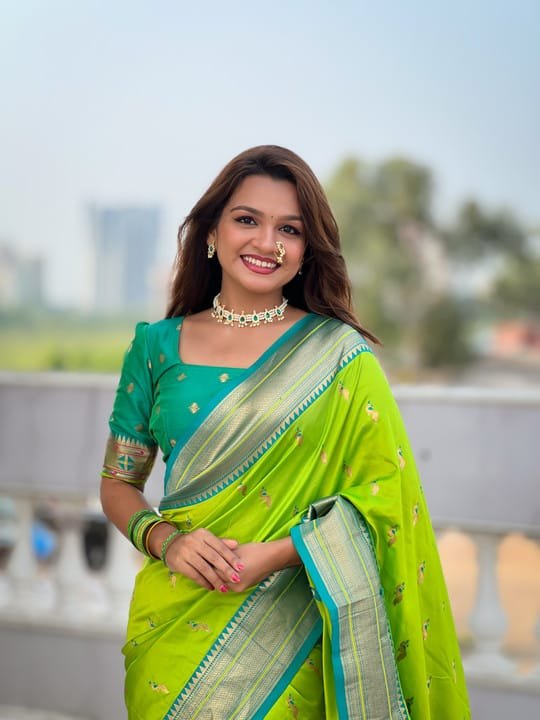 Premium Paithani-style Art Silk Saree with Peacock Pallu – Lemon