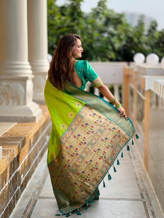 Premium Paithani-style Art Silk Saree with Peacock Pallu – Lemon