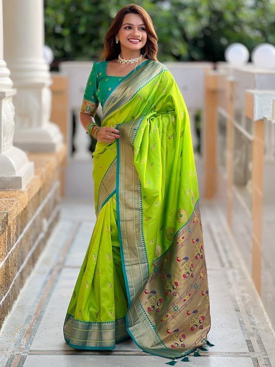 Premium Paithani-style Art Silk Saree with Peacock Pallu – Lemon