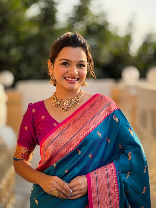 Premium Paithani-style Art Silk Saree with Peacock Pallu – Morpichh (Peacock Blue)