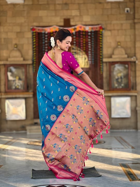 Premium Paithani-style Art Silk Saree with Peacock Pallu – Morpichh (Peacock Blue)