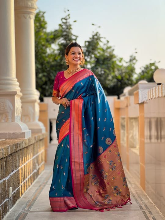 Premium Paithani-style Art Silk Saree with Peacock Pallu – Morpichh (Peacock Blue)