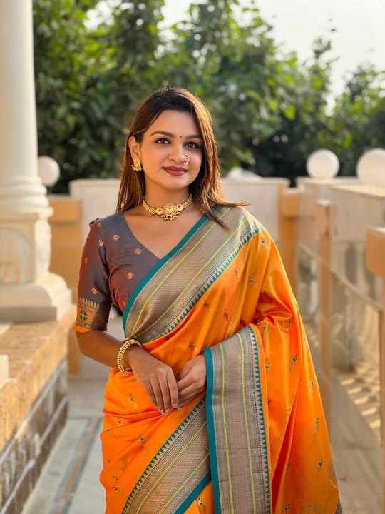 Premium Paithani-style Art Silk Saree with Peacock Pallu – Mustard