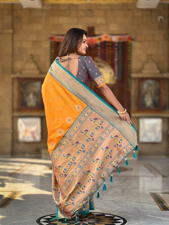 Premium Paithani-style Art Silk Saree with Peacock Pallu – Mustard