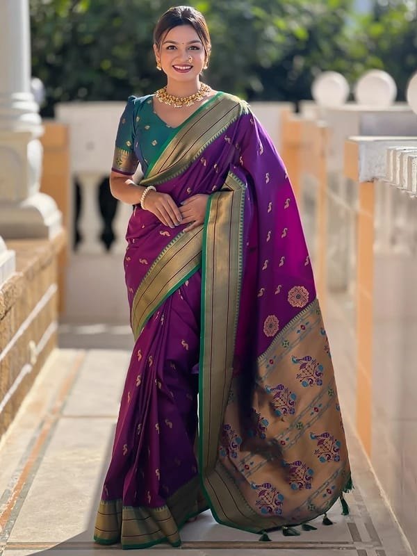 Premium Paithani-style Art Silk Saree with Peacock Pallu – Wine