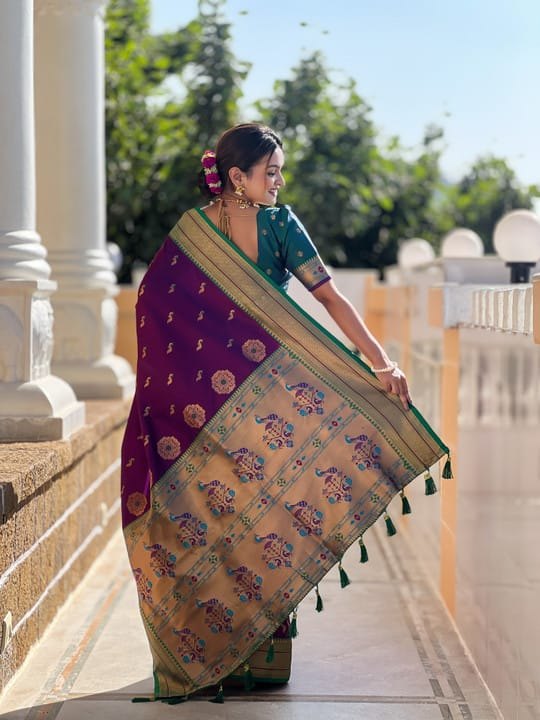 Premium Paithani-style Art Silk Saree with Peacock Pallu – Wine