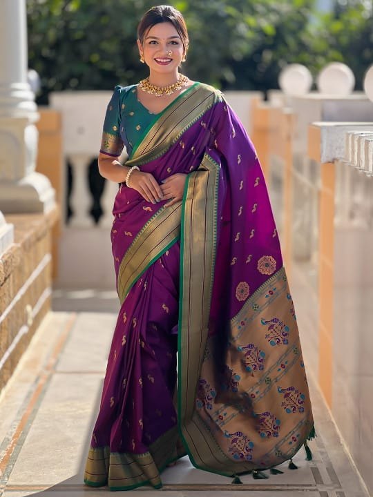 Premium Paithani-style Art Silk Saree with Peacock Pallu – Wine