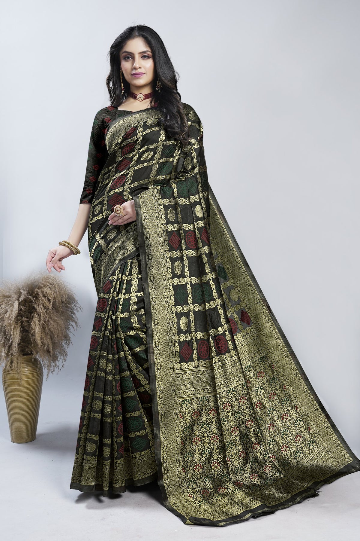 Black Checked Zari Art Silk Saree – Black