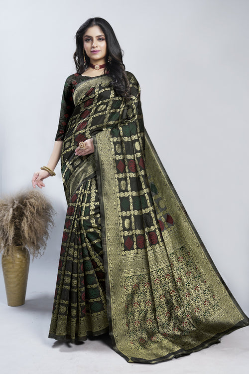Black Checked Zari Art Silk Saree – Black