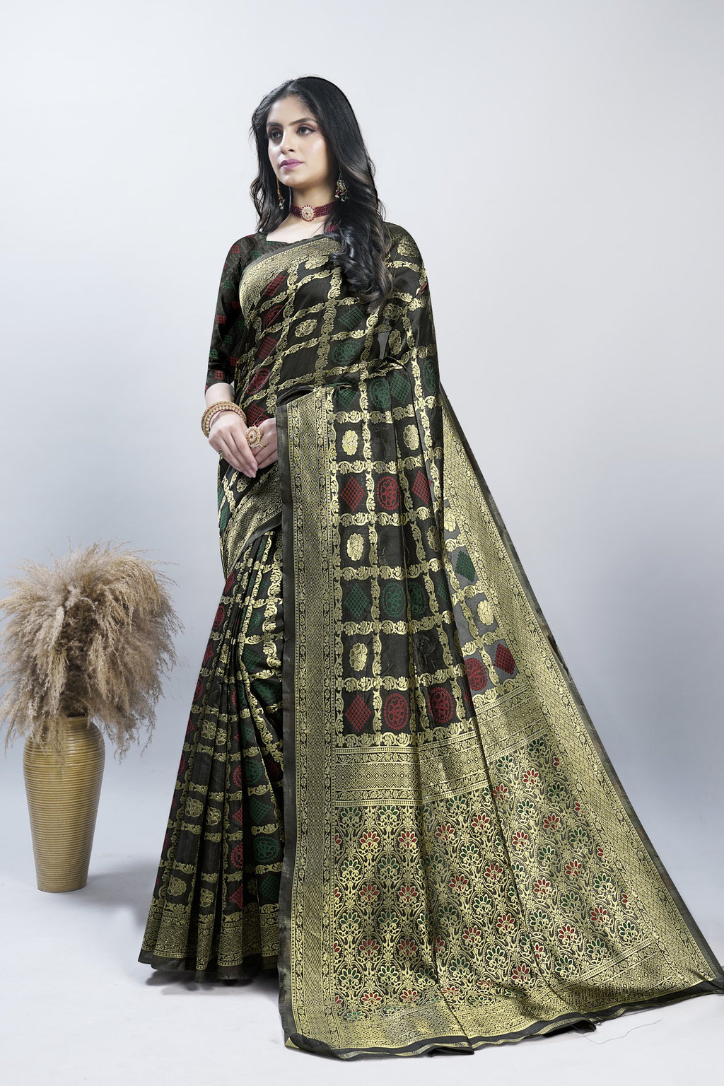 Black Checked Zari Art Silk Saree – Black