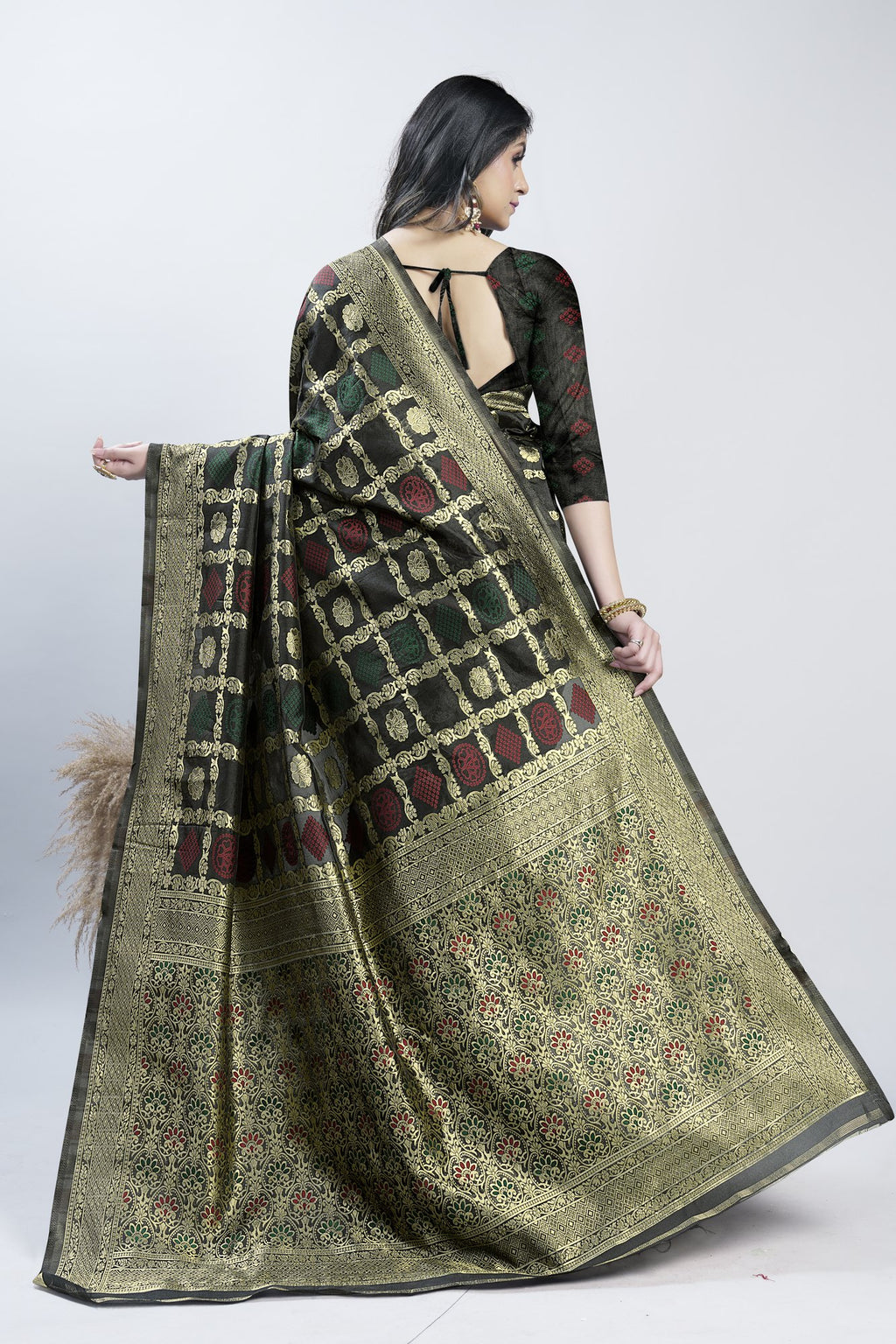 Black Checked Zari Art Silk Saree – Black