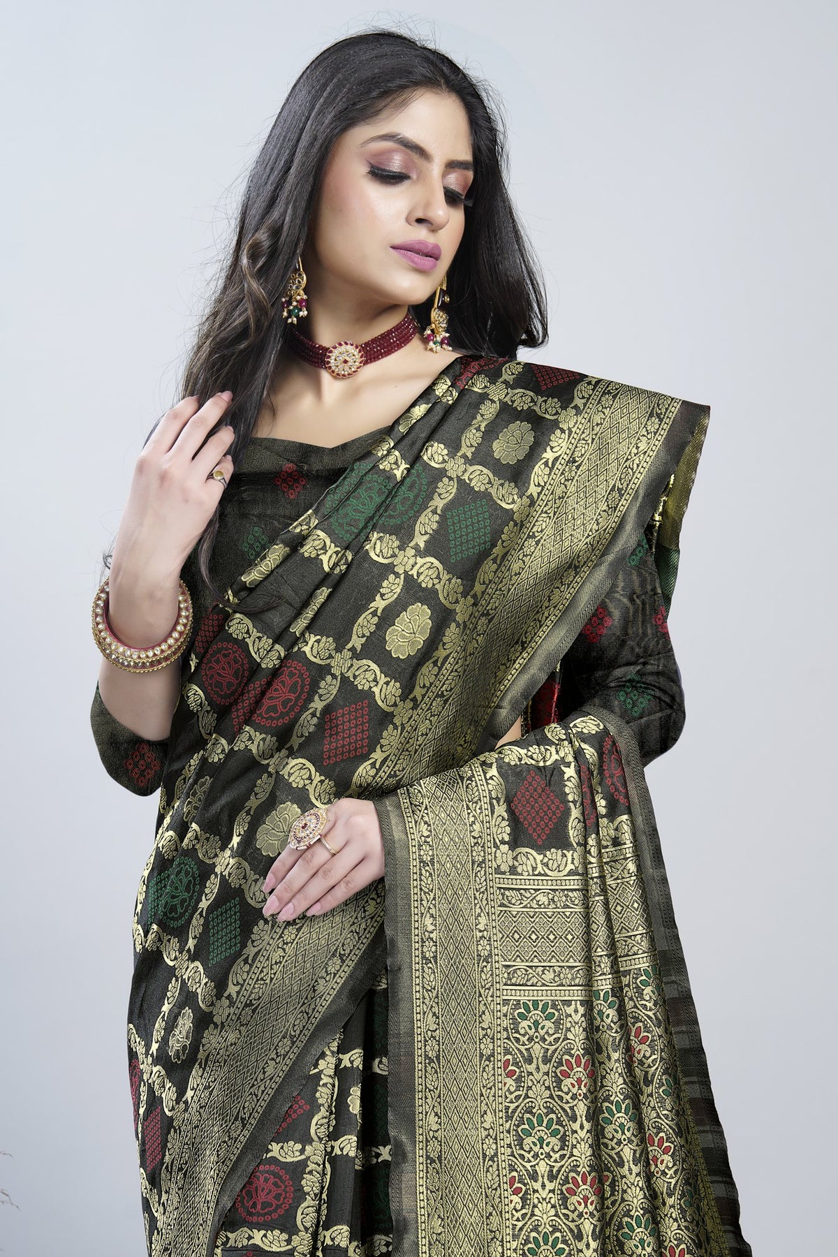 Black Checked Zari Art Silk Saree – Black