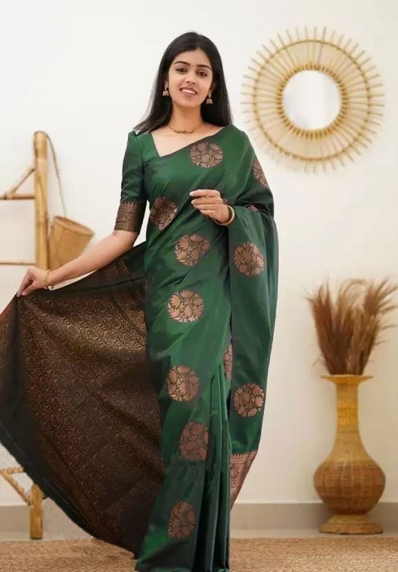 Copper Zari Gola Butti Lichi Art Silk Saree – Bottle Green