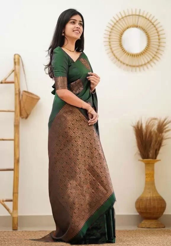 Copper Zari Gola Butti Lichi Art Silk Saree – Bottle Green