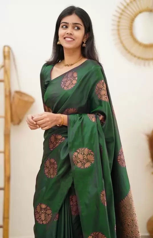 Copper Zari Gola Butti Lichi Art Silk Saree – Bottle Green