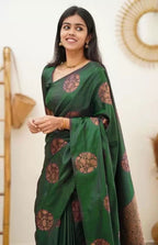 Copper Zari Gola Butti Lichi Art Silk Saree – Bottle Green