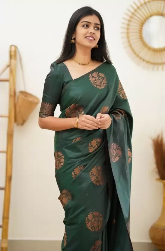 Copper Zari Gola Butti Lichi Art Silk Saree – Bottle Green