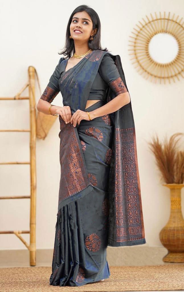 Copper Zari Gola Butti Lichi Art Silk Saree – Grey