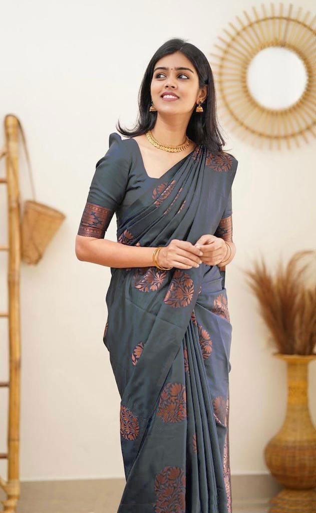 Copper Zari Gola Butti Lichi Art Silk Saree – Grey